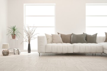 Stylish room in white color with sofa. Scandinavian interior design. 3D illustration