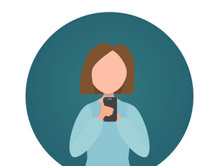 woman looks at smartphone. a woman with a phone, a gadget uses the Internet, online. influential girl looks at a gadget on a blue background. cute flat vector illustration