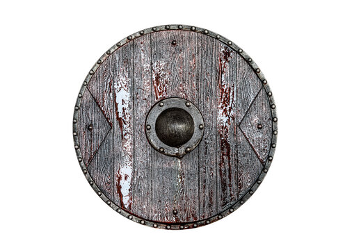 Old round shield in blood isolated on white background with clipping path