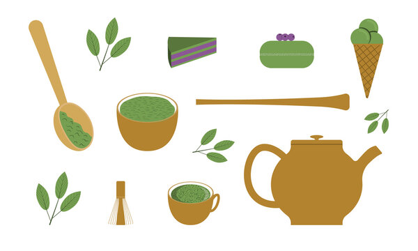 Matcha. Organic tea and powder with tools for the tea ceremony. Flat. Vector illustration.