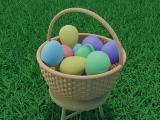 A 3D Render of colorful eggs in a basket in the grass