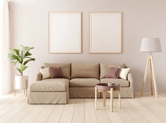 Fototapeta Living room interior with brown sofa, coffee table, floor lamp and plant. Two picture mock up on warm, sepia wall. 3D render. 3D illustration. obraz