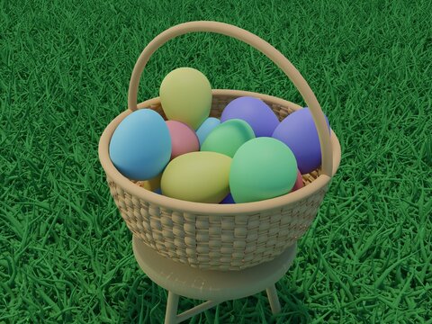 A 3D Render of colorful eggs in a basket in the grass