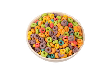 Colorful rings cereal spill out into a bowl. Breakfast. Isolated.