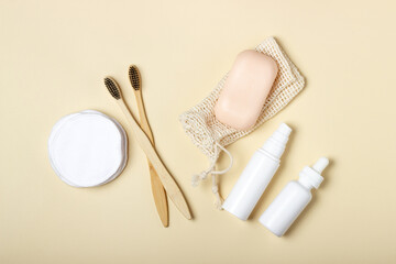 Fototapeta na wymiar Wooden toothbrush, solid shampoo, handmade soap, cotton makeup remover wipes. Zero Waste Concept Eco-Friendly Body Care Cosmetics