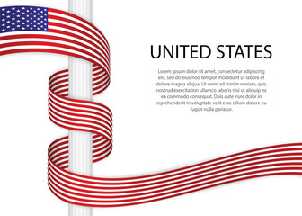 Waving ribbon on pole with flag of United States. Template for independence day