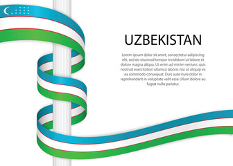 Waving ribbon on pole with flag of Uzbekistan. Template for independence day