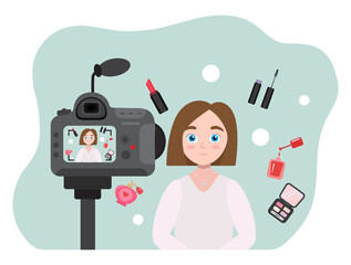 vector flat illustration, makeup tutorial video blogger. cartoon character, influencer in front of the camera shoots a video blog on skin care, make-up. beauty concept. makeup video review