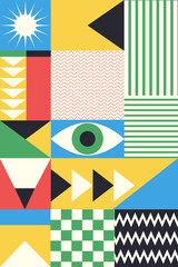 Bright abstract background with geometric shapes, elements, colorful poster, banner, cover, postcard, sticker, text