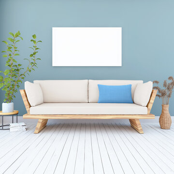 3d Illustration - Skandinavisches, nordisches Wohnzimmer mit einem Sofa und einem Bild an der Wand - Textfreiraum - Platzhalter