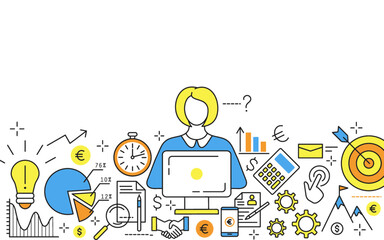 Work process concept. Young woman working project with laptop. Analysis plans 