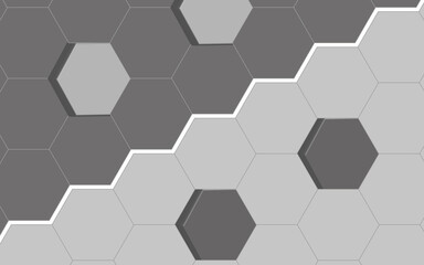 Realistic 3d hexagonal abstract background. Hexagon honeycomb shaped black and white decorative ceramic tiles on wall.  Abstract hexagonal tech texture background. 3d render vector illustration
