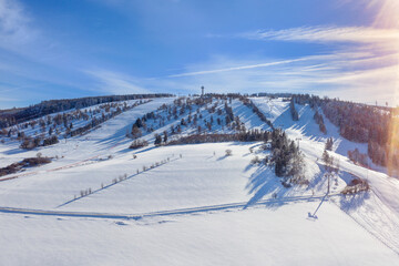 Aerial view of the ski resort in Willingen in Hesse. Behind the slope appears the Hochheideturm.