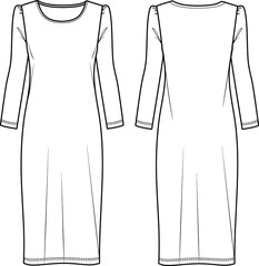 Vector woman winter midi dress fashion CAD, round neck and long sleeved long dress technical drawing, template, flat, sketch. Jersey or woven fabric dress with front, back view, white color
