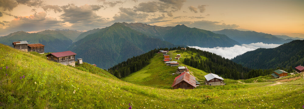 Sunset panorama in Pokut plateau. Summer Day. It is one of the most touristic plateaus of the Black Sea. Rize, Turkey