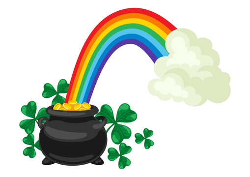 Saint Patricks Day illustration. Pot with gold coins, rainbow and clover.