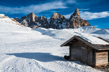 Snowy sunset from Passo Rolle. Pale di San Martino, Dolomites.