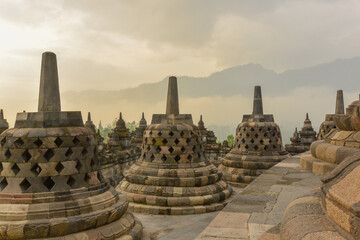 View of Borobudur at sunrise, Indonesia
