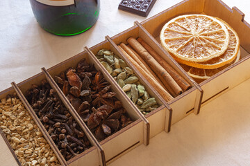 set of spices for mulled wine in a wooden box