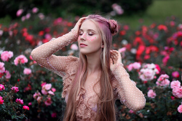 Naklejka premium Young woman with long pink hair in pink transparent dress within pink flowers. Closeup beauty portrait
