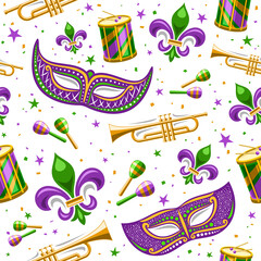 Vector Mardi Gras Seamless Pattern, square repeating background with decorative stars, purple venetian mask, street musical instruments, cut out illustrations of mardi gras symbols on white background