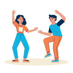 a guy and a girl are dancing having fun and waving their hands