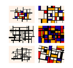 Six abstract geometric compositions, vintage retro paintings in Piet Mondrian style