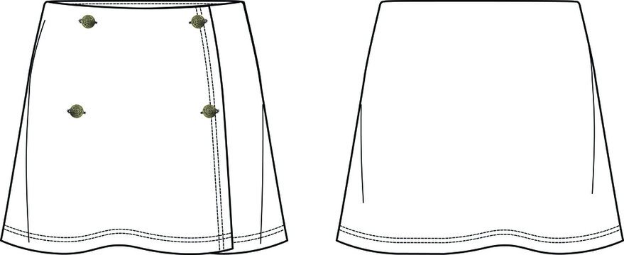 Vector mini skirt fashion CAD, wrapped woman skirt with button detail sketch,  template, flat, technical drawing. Jersey or woven fabric skirt with front, back  view, white color Stock Vector