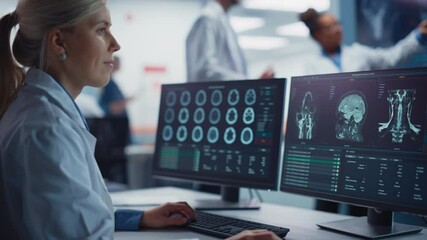 Medical Hospital Health Care Lab: Portrait of Female Medical Scientist Using Computer with Brain Scan MRI Images, Finding Cure. Professional Neurologist Analysing CT Scan Finding Cure for Sick Patient - Powered by Adobe