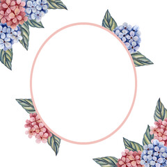 Set of watercolor flower frames for decorating invitations, cards, banners. Blue and pink hydrangea flowers. 