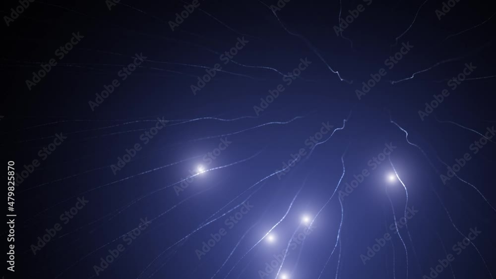 Poster abstract 3d lines on dark blue skies with moving shining white lights seamless loop animation.