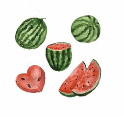 Set of watercolor watermelons on a white background. Hand drawn watercolor painting.