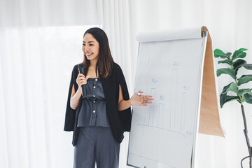 A young businesswoman presents a modern business plan to the team in the company office.