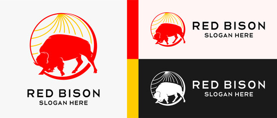 bison logo design template with red color silhouette in circle. premium vector © SlametWahono
