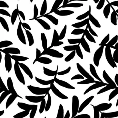 Photo sur Plexiglas Noir et blanc Feuilles et branches noires motif vectoriel sans couture. Feuilles et brindilles de silhouette. Branche texture moderne. Ornement de feuillage. Eucalyptus dessiné à la main, laurier, brindille d& 39 olive. Motif végétal abstrait à l& 39 encre noire