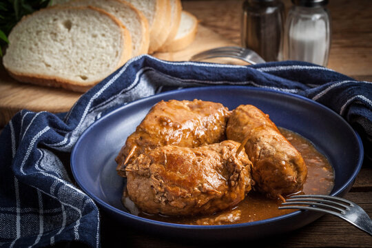 Tasty roulades beef on plate.