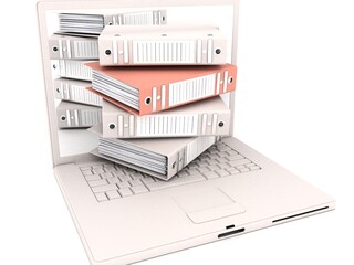 ARCHIVE .Laptop and folders for documents. 3d Render Illustration.