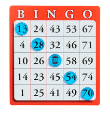 Isolated BINGO winner with translucent blue chips on red and white bingo card.