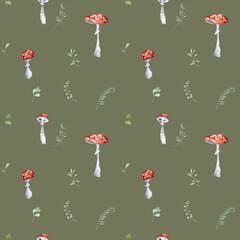 Woodland seamless pattern for fabric, Watercolor forest mushroom seamless digital paper, Cute amanita mushroom repeat pattern for nursery decor, textile, wrapping paper - 479828210