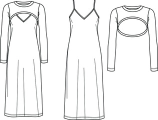 Vector maxi dress with shoulder straps technical drawing, woman slip dress with long sleeved bolero fashion CAD, sketch, template, flat. Jersey or woven fabric dress with front, back view, white color - obrazy, fototapety, plakaty