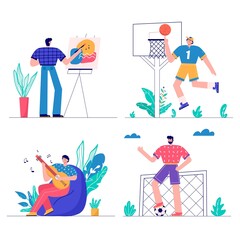 Set of people enjoying their hobbies, work, leisure. Men playing football, basketball, learning gitar, drawing. Designer and artist at work and musician. Vector illustration in flat cartoon style.
