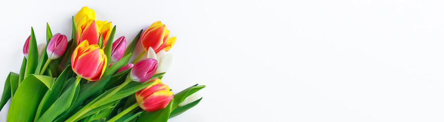 Colorful bouquet of fresh spring tulips on white background. Happy Easter.