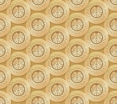 Seamless pattern of Chinese gold coins with traditional prosperity symbol on golden background. Vector 3d illustration