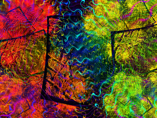 Composición de arte digital abstracto consistente en trazos irregulares y sinuosos sobre fondo negro creando un efecto que parecen ser ondas entrelazadas extrañas y coloridas.