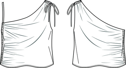Vector asymmetric strapless top technical drawing, women crop blouse with gathering and bow fashion CAD, template, sketch, flat. Jersey fabric t shirt with front, back view, white color