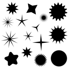 Star icons set, fifteen various black isolated stars, vector illustration.