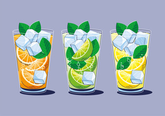 Set of citrus cold drinks iced. Orange, lemon, lime cocktails with ice and mint in a glass. Summer refreshment, lemonade, fruit water. Vector illustration, simbol, icon, design element for menu