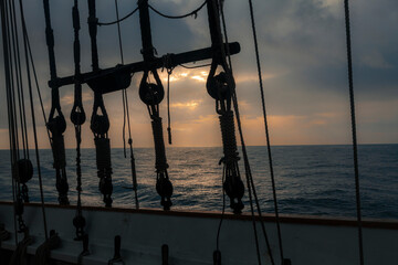 Creative shot of Navigation riggings at dawn. Ancient vessel