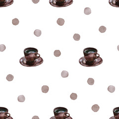 Brown coffee cups with saucers and purple polka dot on white background. Watercolor seamless pattern. For textile, wrapping paper, wallpaper, menu, recipe, cookbook and packaging design.