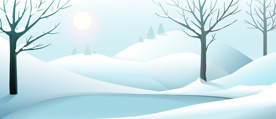 Happy holiday Christmas banner, winter empty and clean snow, calm and quiet desert landscape with trees. Snow scene for Christmas winter greeting cards. Vector landscape design in watercolor style.